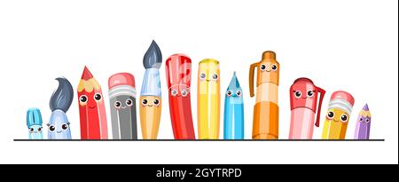 Stationery. Cartoon characters with faces. Markers and pencils. Cheerful cute characters with smiles. A friendly company of tools for painting and Stock Vector