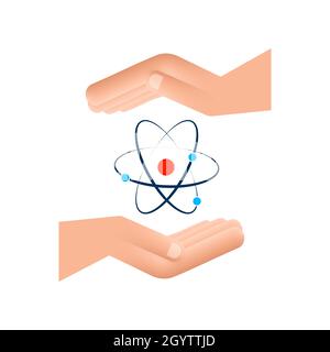 Atom icon over hands vector, atom symbols on white background. Stock Vector