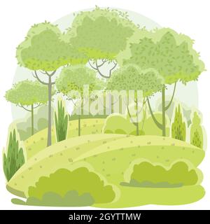 Amusing beautiful forest landscape. Green. Cartoon style. Grass hills. Rural natural look. Cool romantic pretty. Flat design illustration. Isolated on Stock Vector