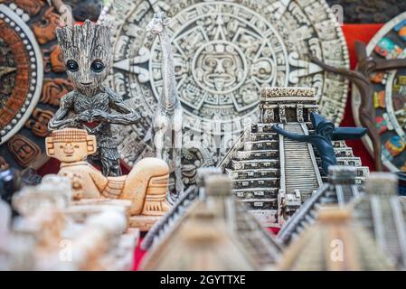 Traditional handcrafted Mexican souvenirs for sale at marketplace Stock Photo