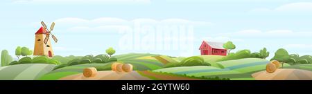 Summer farm landscape. Garden and rolling hills. Rural scenery. Fields, windmill and barn. Cute funny cartoon design illustration. Flat style. Vector. Stock Vector