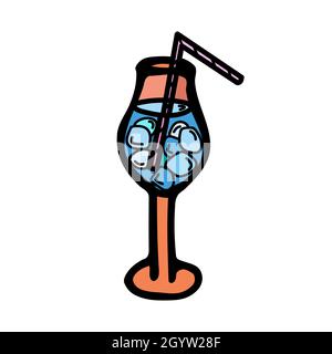 Color vector illustration of an orange glass with a blue cocktail, with ice and a straw inside.  Stock Vector