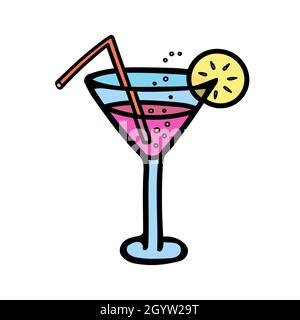 Colored vector illustration of a glass with a cocktail, bubbles and a slice of lemon, a straw. Stock Vector