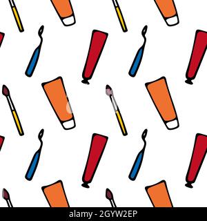 Seamless pattern with red and orange tube of paint, palette knife and brush. Design. Stock Vector