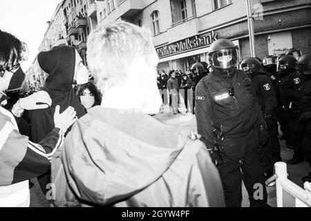 BERLIN, GERMANY - May 01, 2021: The MayDay demonstration of the first of May, as a tradition, every year hundreds of people meet in different spots in Stock Photo