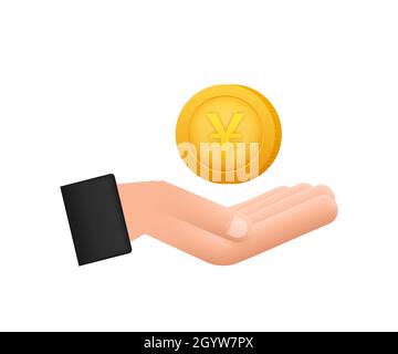 Yen coin with hand, great design for any purposes. Flat style vector illustration. Currency icon. Stock Vector