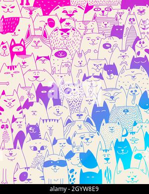 A lot of cats. Children's game coloring. More pets. Variety of kittens. Neon pets background. Cat's eyes, ears. Flock of wild cats on one poster. Pet Stock Photo