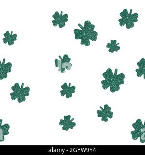 St. Patricks Day, San Patrick seamless green shamrock pattern. Patrick day background with glitter four-leaf clover pattern. Stock Photo