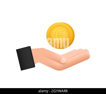 Euro coin with hand, great design for any purposes. Flat style vector illustration. Currency icon. Stock Vector