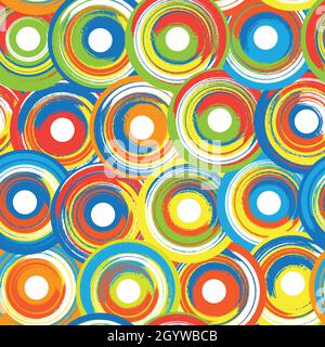 Colorful composition of overlapping circles with a painting effect. Retro-style. 70's taste. Seamless repeating pattern. Vector illustration. Stock Vector