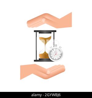Hourglass. Hands holding hougglass and sandglass. Highly detailed. Antique clock with sand inside. Vector illustration. Stock Vector