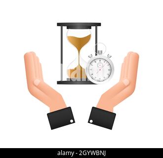 Hourglass. Hands holding hougglass and sandglass. Highly detailed. Antique clock with sand inside. Vector illustration. Stock Vector