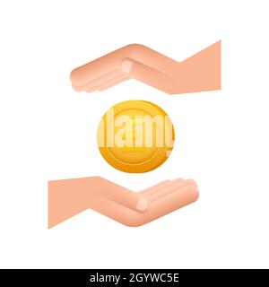 3d icon with gold hand with lira coin for concept design. Simple vector. Financial icon set. Business concept. Stock Vector