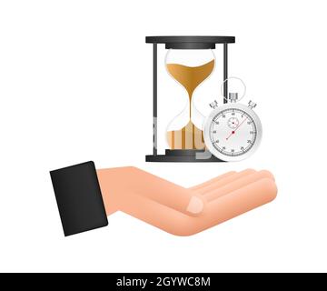 Hourglass. Hands holding hougglass and sandglass. Highly detailed. Antique clock with sand inside. Vector illustration. Stock Vector