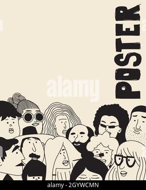 Vector poster with faces. Crowd of people. Faces collection. People faces vector collage. Outline people. Face avatars. Men and women. Various haircut Stock Vector