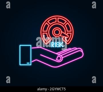 Risk neon icon on speedometer in hands. High risk meter. Vector stock illustration. Stock Vector