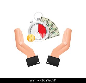 Timer and money in hands. Clock and bag, time is money, fast loan, payment period, savings account. Vector stock illustration. Stock Vector