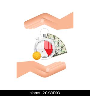 Timer and money in hands. Clock and bag, time is money, fast loan, payment period, savings account. Vector stock illustration. Stock Vector