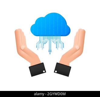 FTP file transfer icon on hands. FTP technology icon. Transfer data to server. Vector illustration. Stock Vector