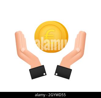 Euro coin with hand, great design for any purposes. Flat style vector illustration. Currency icon. Stock Vector