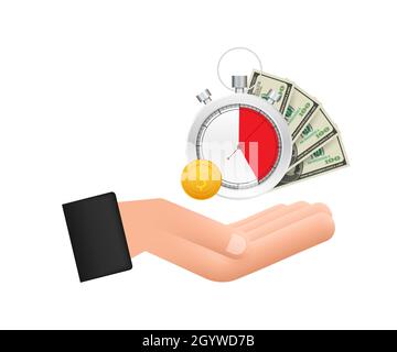 Timer and money in hands. Clock and bag, time is money, fast loan, payment period, savings account. Vector stock illustration. Stock Vector