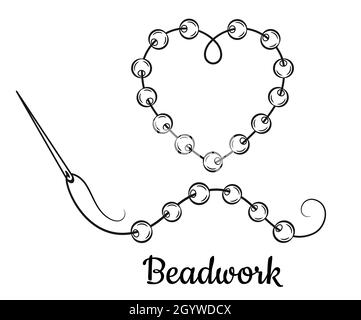 Beadwork embroidery, beading handmade line icon. Sewing needle with thread for sew glass beads. Fabric decoration, jewelry making accessories. Vector Stock Vector