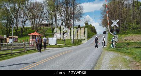 Teenage Amish Boys and Girls Walking Along a Rural Road in the Countryside on a Spring Day Stock Photo