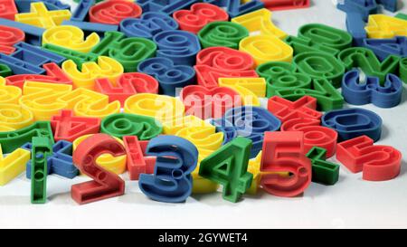 Early Childhood Education, Colorful plastic one to ten number sets in Red, Blue, Green and Yellow colours. in white background. Stock Photo