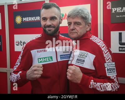 Ex-world Champion Dominic Bösel With Trainer Georg Bramowski After Weighing In Before Rematch Against World Champion Robin Krasniqi At The SES Boxing Stock Photo