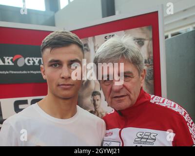 Middleweight Boxer Max Suske With Trainer Georg Bramowski After The Weigh-in Before His Fight At The SES Boxing Gala On October 9th, 2021 In Magdeburg Stock Photo