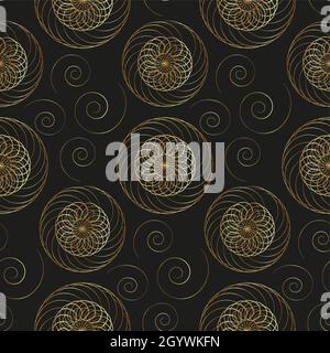 Golden seamless pattern with spirals and mandala flowers ornament. Vintage design element in luxury gold style. Ornate floral decor for wallpaper. Vip Stock Vector