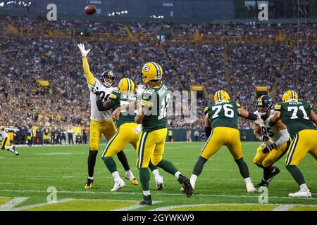 October 03, 2021: Green Bay Packers quarterback Aaron Rodgers (12) debates  a tripping call against Pittsburgh Steelers linebacker T.J. Watt (90)  during the NFL football game between the Pittsburgh Steelers and the