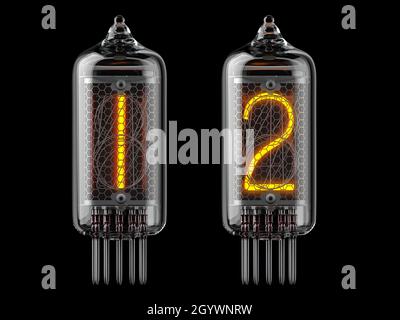 Nixie tube indicator. Number 1 one and 3 two on black background. 3d illustration Stock Photo