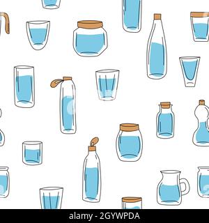 Glass bottle with water illustration on white background. Hand drawn vector. Seamless pattern in doodle art for wrapping paper, wallpaper, backdrop Stock Vector