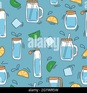 Seamless pattern on blue - hand drawn glass water bottles. Decor from oranges, ice, kiwi. Summer fresh drinks concept Stock Vector