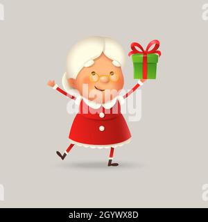 Cute and happy Mrs Claus with gift - vector illustration isolated Stock Vector