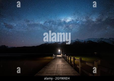 Milky Way over Lake Wakatipu in Glenorchy, New Zealand Stock Photo