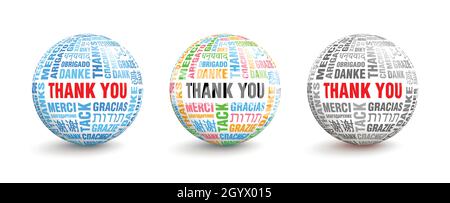 3D volumetric balls with words Thanks in different languages of the world. Vector illustrations with keywords Stock Vector