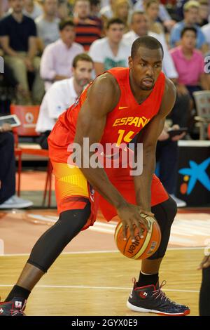 A Coruña, Spain. Serge Ibaka shooting for the basket during the friendly basketball match between Spain and Canada on August 6, 2014 Stock Photo