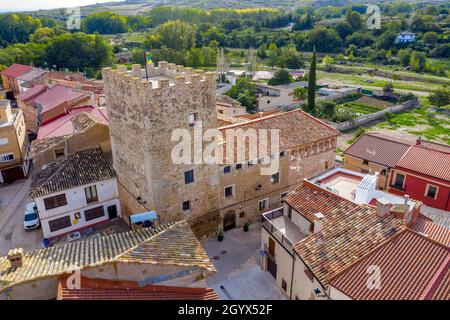 Castle Palace of Bulbuente, in the Campo de Borja region, Zaragoza, Spain, with the Moncayo Stock Photo