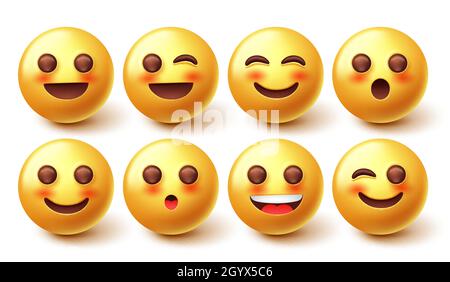 Emoji blushing emoticon vector set. 3d Emoticons in winking, blushing and smiling face emoticon characters for cute emojis facial expression design. Stock Vector
