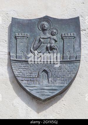 Medellin, Spain - April 3rd, 2021: Medellin Coat of arms, Extremadura, Spain. Hernan Cortes Monument Stock Photo