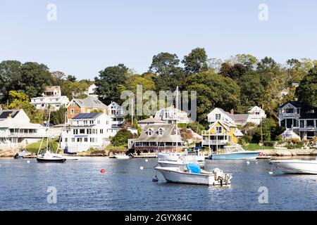 Houses and boats at Lobster Cove at Annisquam in Gloucester, Massachusetts, USA. Stock Photo