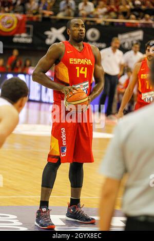 A Coruña, Spain. Serge Ibaka shooting for the basket during the friendly basketball match between Spain and Canada in A Coruña on August 6, 2014 Stock Photo