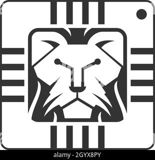 unique lion head and integrated circuit or tech symbol logo design vector icon illustration inspiration Stock Vector