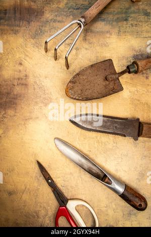 Rusty Garden Tools Lay Flat Stock Photo