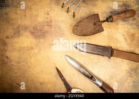 Rusty Garden Tools Lay Flat Stock Photo