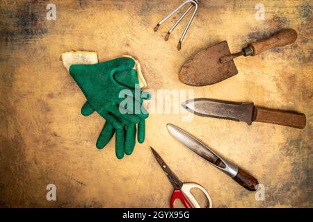 Rusty Garden Tools Lay Flat Stock Photo