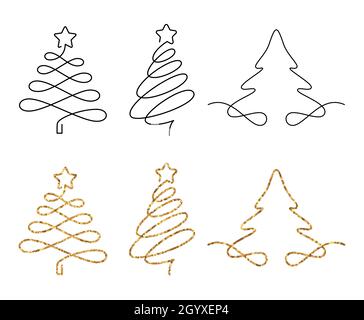 Christmas trees in one line drawing style. Set of fir trees with editable strokes and glitter effect.  Stock Vector