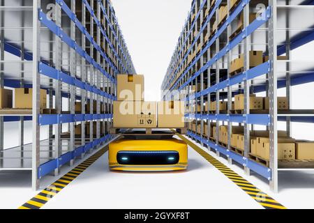 AGV robot working in warehouse, 3D illustrations rendering Stock Photo